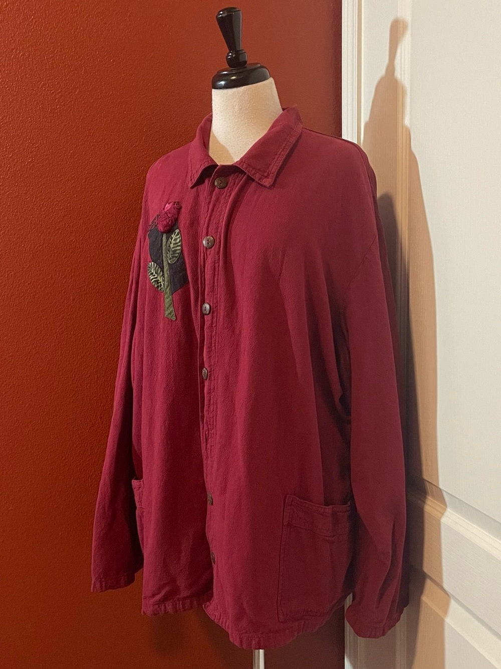Brie Kriebel Women’s Vintage Burgundy Rose Patchwork Art To Wear Boho Shacket